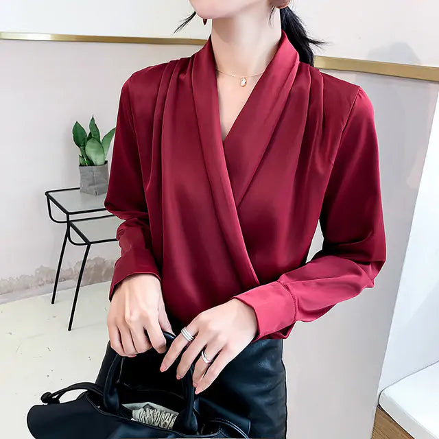Gorgeous Chiffon Satin V-Neck Blouse