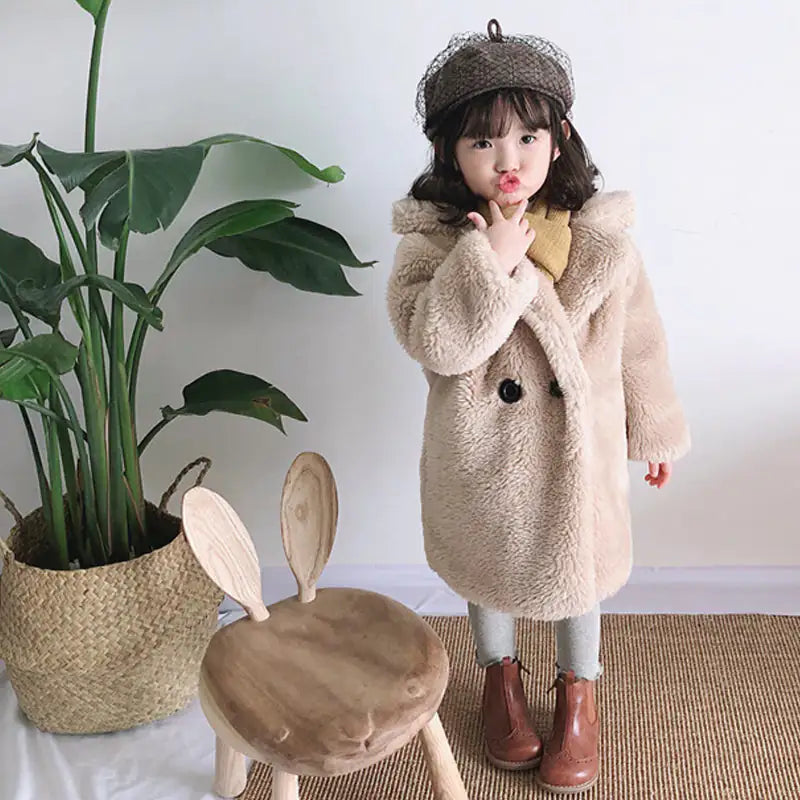 Stylish Cashmere Big Kids Fur Coat