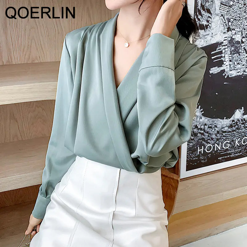 Gorgeous Chiffon Satin V-Neck Blouse