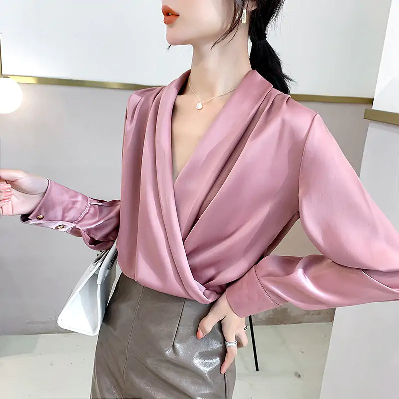 Gorgeous Chiffon Satin V-Neck Blouse